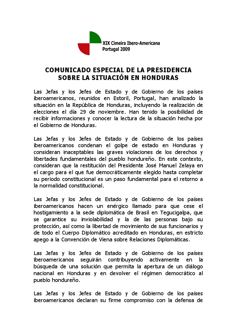 Comunicado especial de la presidencia sobre la situación en honduras